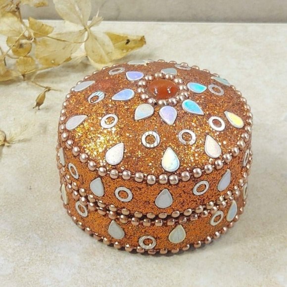 VTG Jewelry Box Orange Round Glitter Trinket Gift Beads Ornament Velvet Interior - Picture 2 of 12